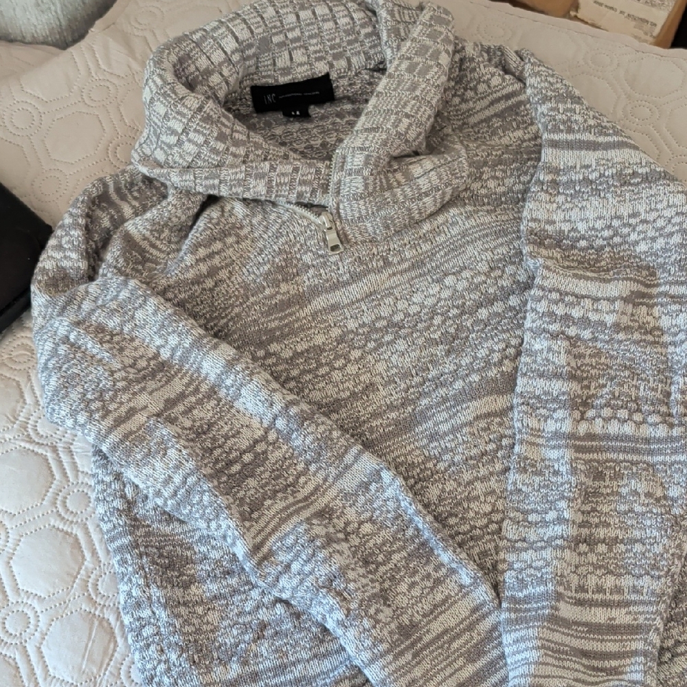 INC International Concepts Patterned Gray Zip-Up Sweater